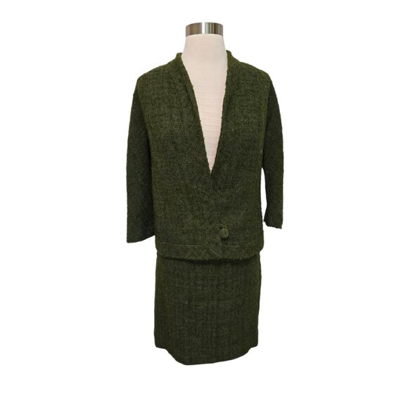 1950s Vintage Womens Skirt Blazer Jacket Suit Set Green‎ Tweed By Jack Bloom